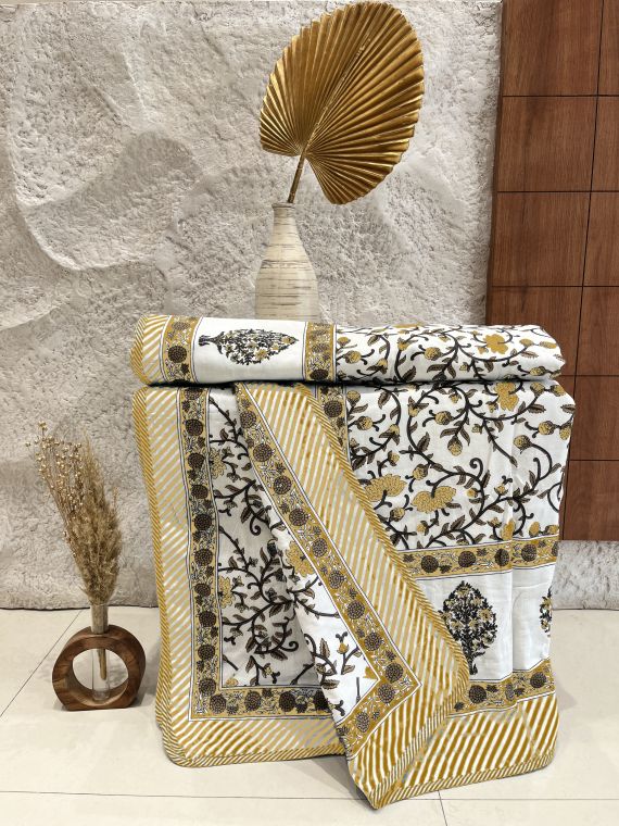 Cotton Dohar / Blanket Single Bed Size Hand Block Printed, Yellow Jaal print