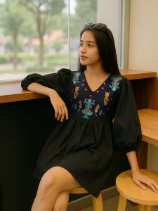 Black Boho Mini Dress with Embroidered Yoke 