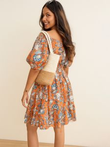 Handblock Print Off-Shoulder Dress in rust Orange 