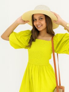 Bright Lime Yellow Puff Sleeve Midi Dress