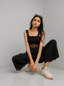 Black Sleeveless Jumpsuit with Eyelet Hem