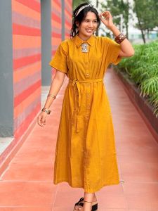 Mustard Yellow Maxi Shirt Dress Style with Pockets