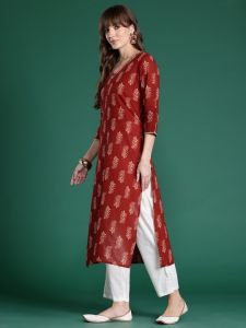 Maroon Ethnic Motifs Printed Pure Cotton Kurta